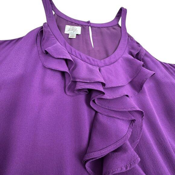 Suzie Chin For Maggy Boutique Women Silk Dress Sz 14 Purple Ruffle Racerback - Picture 4 of 15
